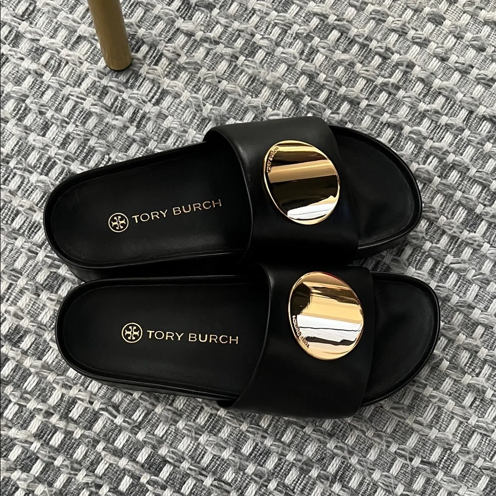 Tory Burch Black Slide Sandals with Gold Medallion Accent